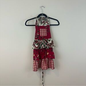 April Correll Red and Green Christmas Floral and Gingham Kid's Apron